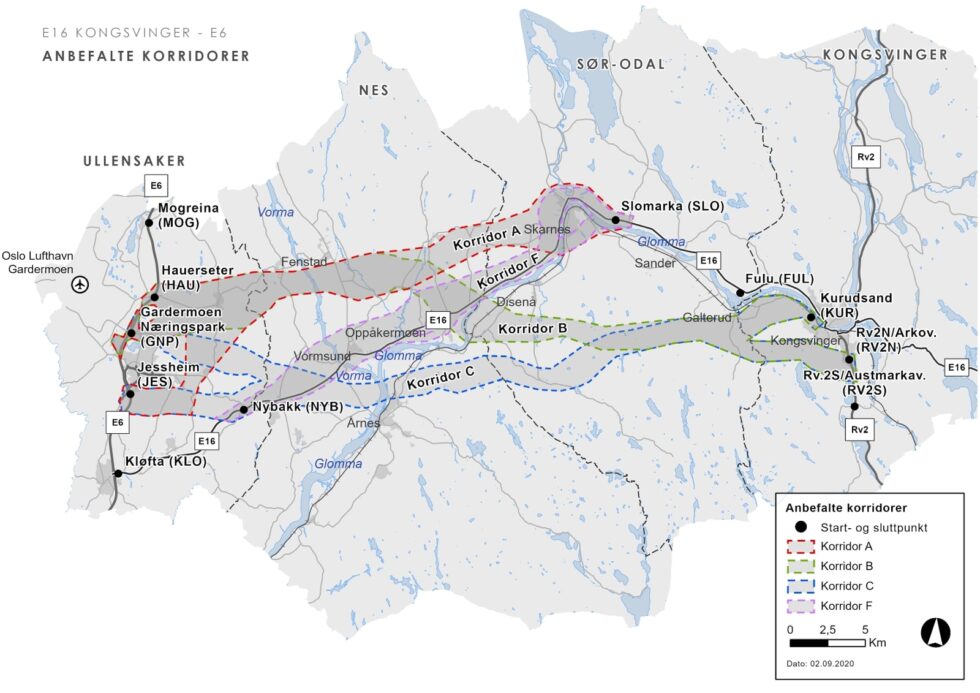 De fire korridorene – A, B, C og F utredes videre i veiprosjektet E16 Kongsvinger - E6.