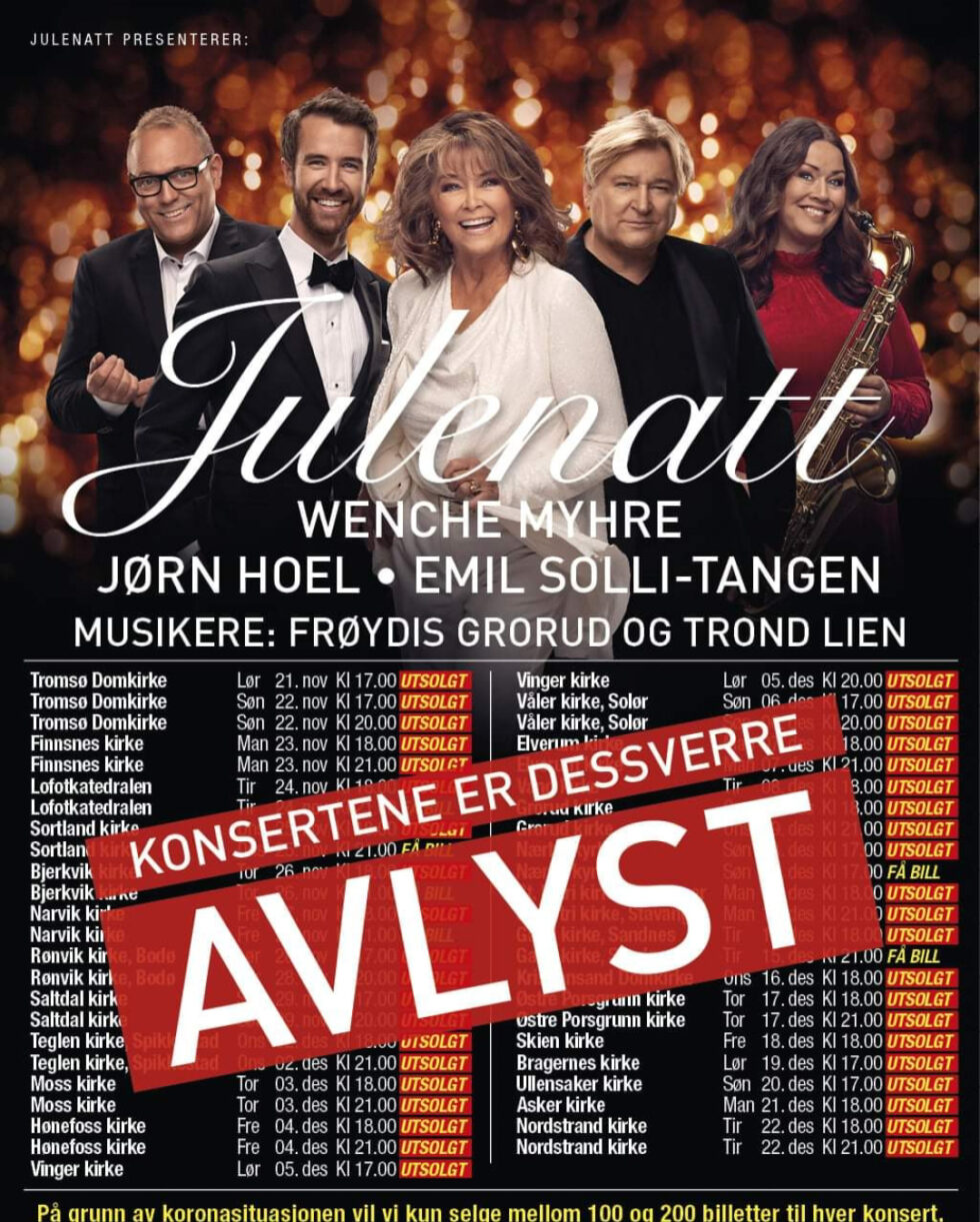 Konsertene med blant andre Wenche Myhre, Jørn Hoel og Emil Solli-Tangen i Vinger kirke 5. desember er avlyst - i likhet med resten av konsertene til "Julenatt" i hele landet.