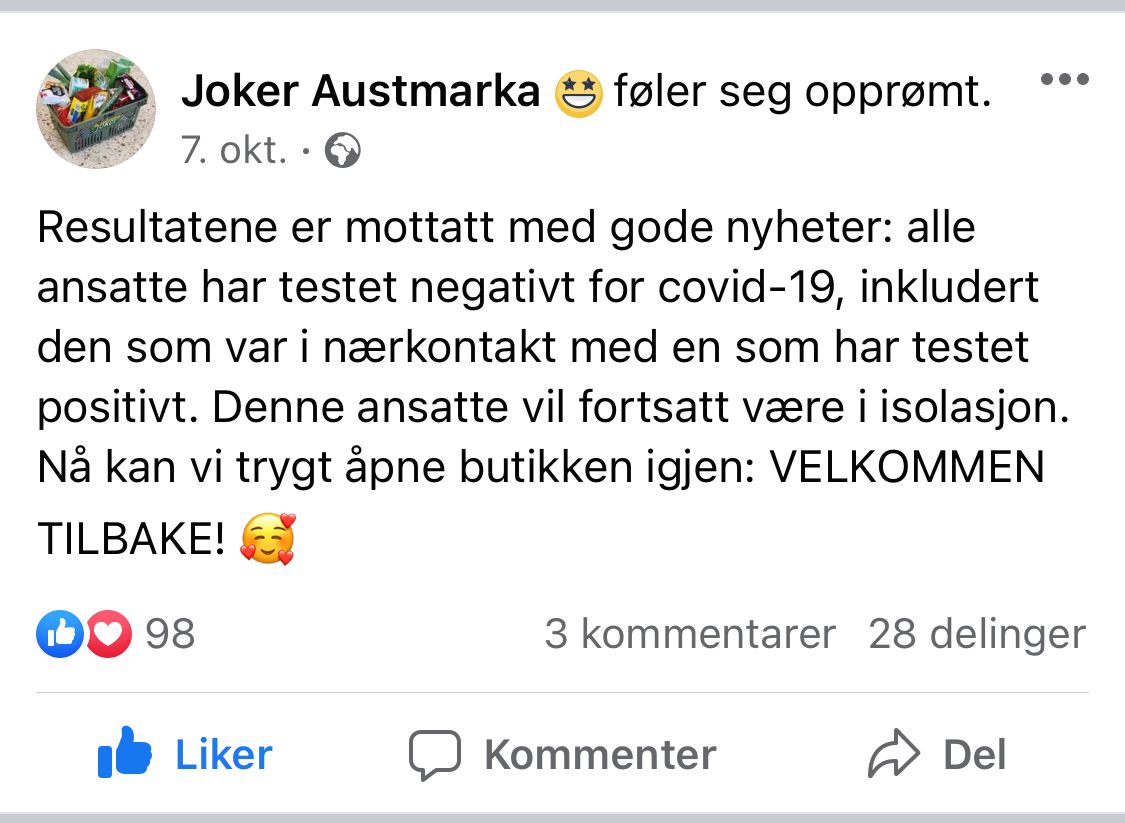 Tre dager senere så alt mye lysere ut da testsvarene hos de ansatte forelå.