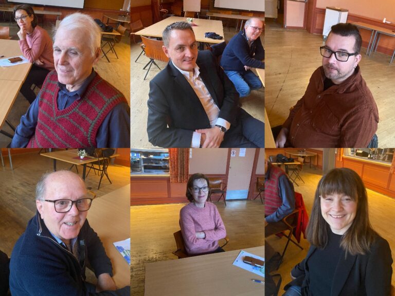 FOR BUDSJETTENDRINGER: Øverst fra venstre er Thor Ringsbu (KrF), Henrik Mohn (MDG), Tommy Smedtorp (Sp), Kjell Arne Hanssen (Frp), Inger Noer (V) og varaordfører Eli Wathne (H) nederst til høyre.