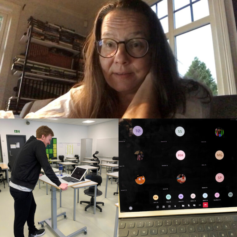 Lærer Tone Fredheim sitter på hjemmekontor. På nett skal Simone de Beauvoirs kvinnesyn diskuteres og elevene lære om Trumandoktrinen og Marshallhjelpen.