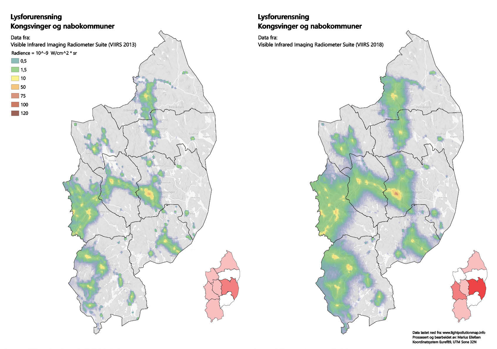 Sammenligning av lysnivåene i Kongsvinger og nabokommunene mellom 2013 og 2018.