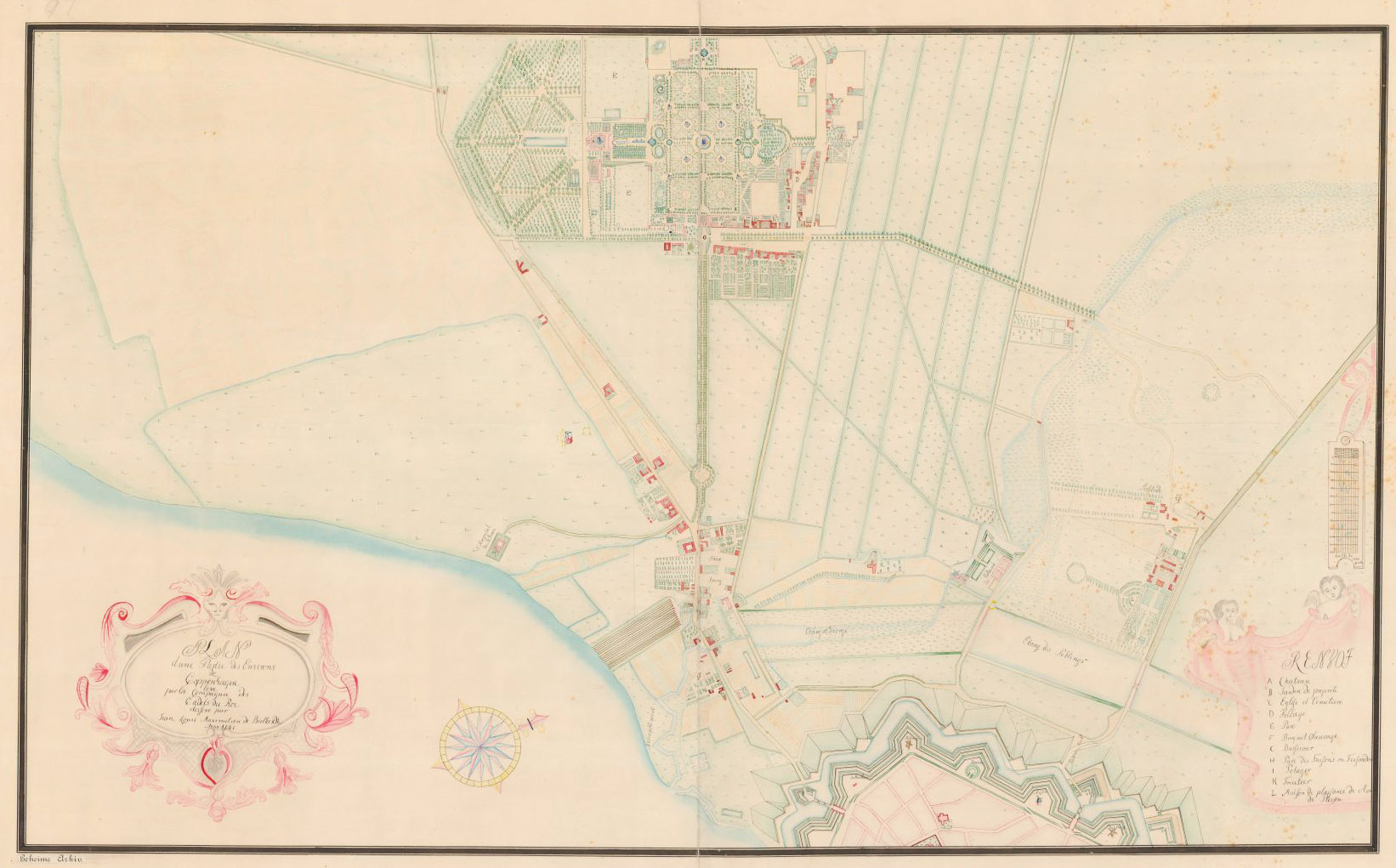 Vesterbro og Frederiksberg i København tegnet av Johan Ludvig Maximilian de Biellardt i 1741. Kopi etter original i Gehejmearkivet.