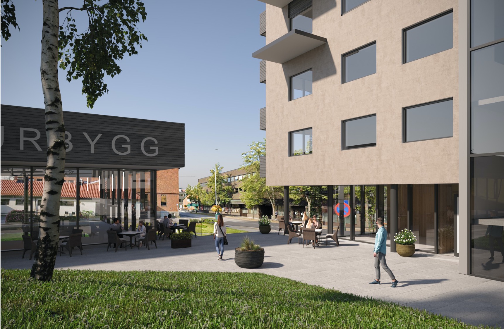 Kulturbygg og hotell sett fra byparken.
