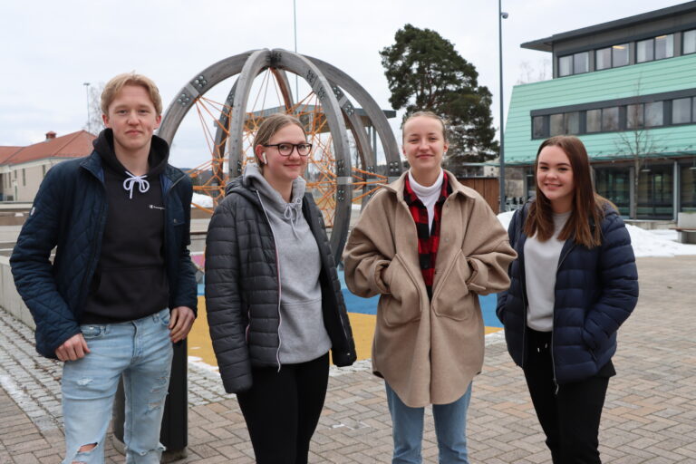 Isak Høvik (t.v.), Amalie Haga Hamletsen, Mari Bjerke og Maiken Mellum Pettersen er positivt innstilt til endringer i byparken, så lenge byparken består i god stand.
