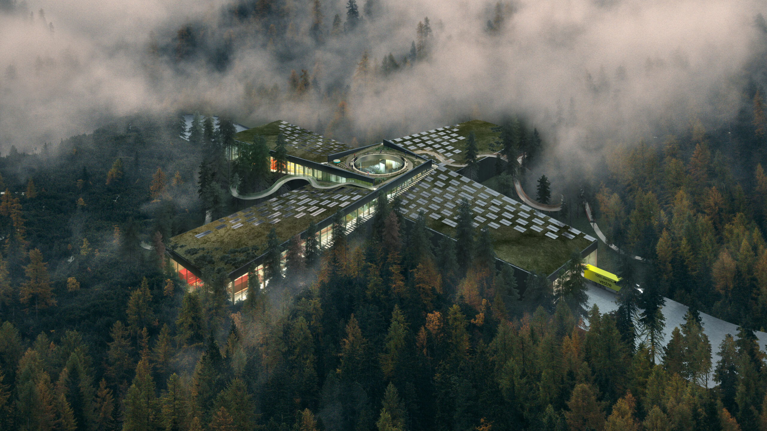 Slik skal møbelfabrikken The Plus gli inn i skogen på Magnor i Eidskog kommune. Miljøambisjonene for Vestres nye fabrikk skal være i verdensklasse (BREEAM Outstanding), og den skal i tillegg konstrueres som et transparent besøks- og opplevelsessenter for alle som se på produksjonen av utemøblene.