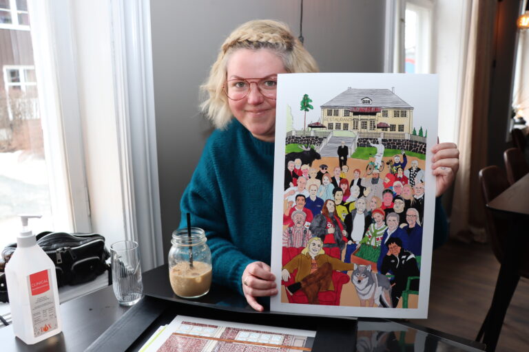 Er det noen du kjenner igjen på bildet? Toril Ramstad har tegnet en rekke lokalkjendiser på samme fest.