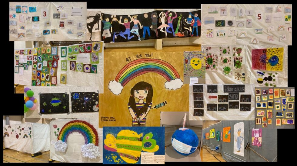 «Alt blir bra»: Barneskolene har bidratt med kunst, tegninger og dikt til å pynte hallen.
