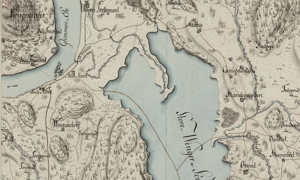 Et utsnitt av et kart fra 1781 viser sundstedet med alle gårdene rundt Vingersjøen.