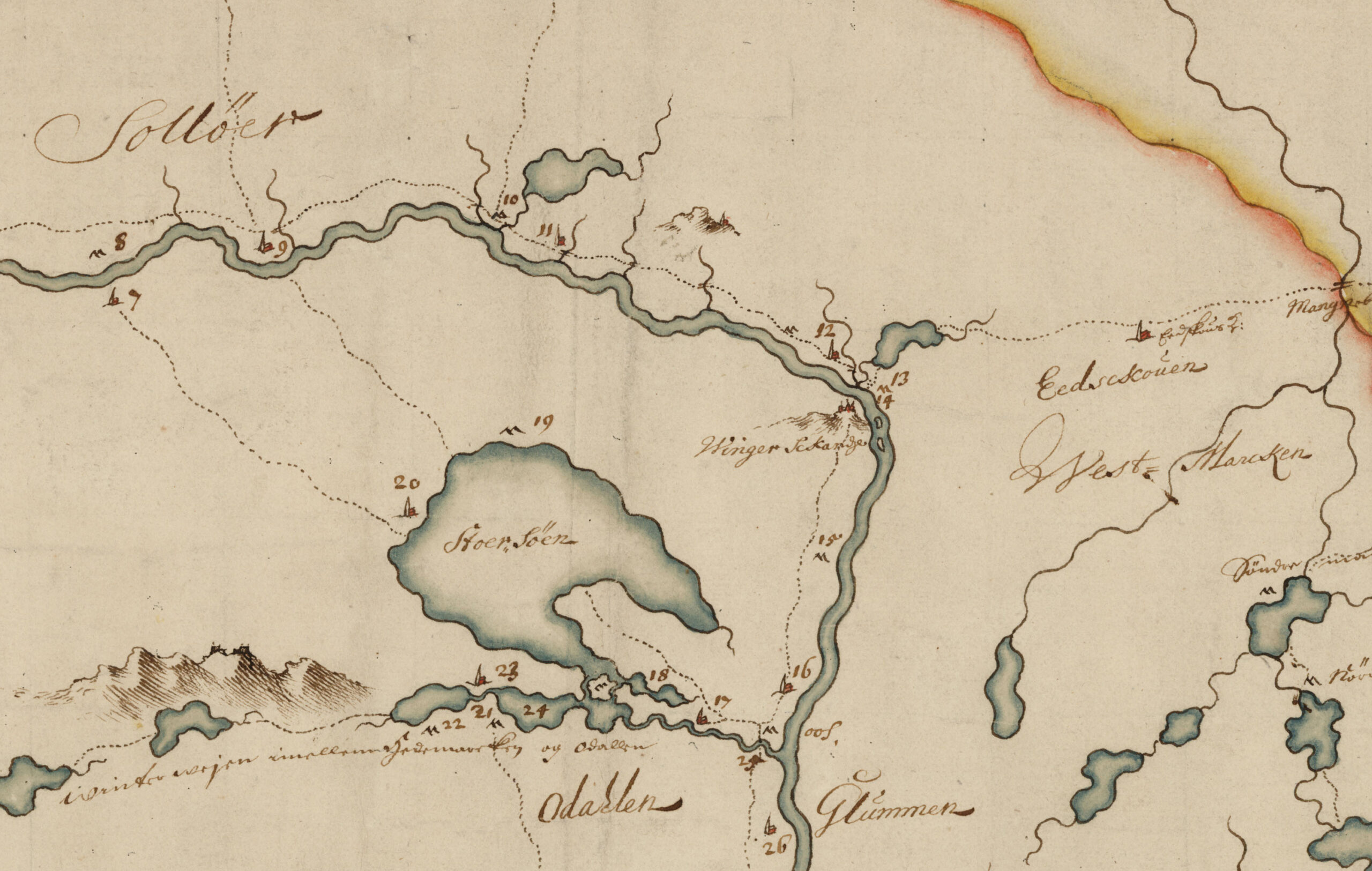 På dette kartet fra 1680 ser vi Solør, Eidskog og Odalen. Festningen har ennå ikke fått navnet sitt og er tegnet inn som Winger Sckanse, og kirken er tegnet inn rett nord for noret.