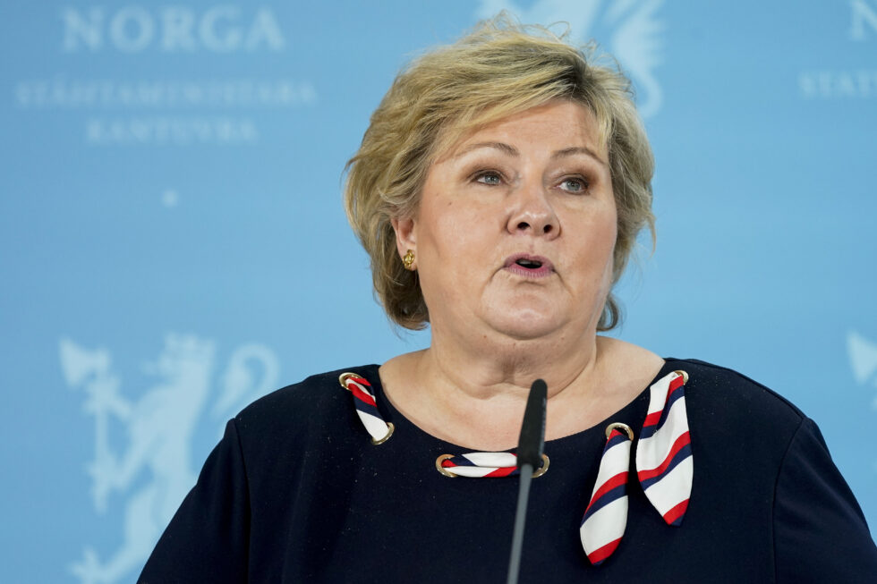 Statsminister Erna Solberg under pressekonferanse tirsdag om koronasituasjonen.