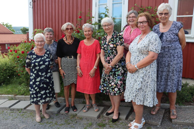 Solveig Kvernbakken (t.v.), Bjørg Dagfinrud, Marit Langbråten, Lise Krabseth, Britt Walby Torgersen, Runa Bye, Sidsel Arntzen og Kari Bratlie møttes hjemme hos sistnevnte, etter først å ha spist ute.