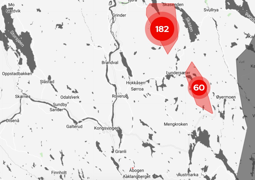 Slik så strømbruddskartet til Elvia ut onsdag morgen.