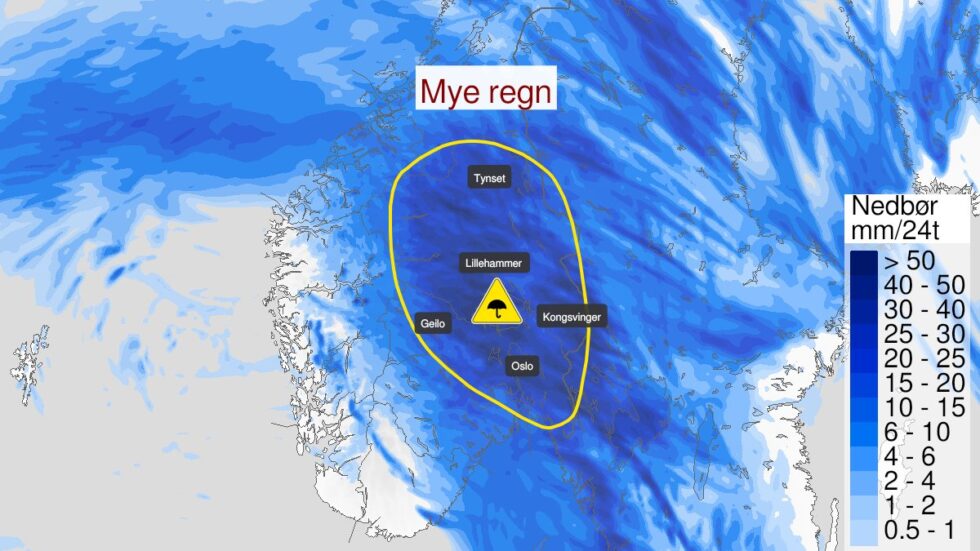 Meteorologisk Insitutt har sendt ut gult farevarsel for regn på Østlandet lørdag.