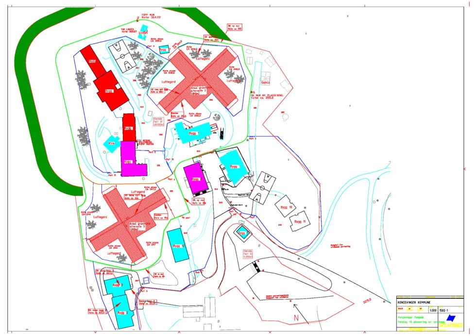 Flytting av fengselsmur og opptil to nye bygg (i rødt) er fengselets håp med nye fengselsplasser som flyttes ut av Oslo.
