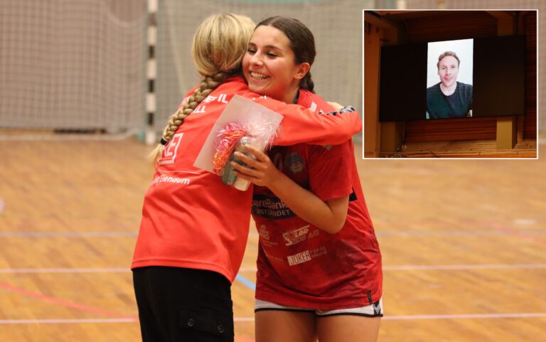 Magnus Gullerud sendte en hilsen til KIL, som søndag avduket den nye måltavla i Tråstadhallen. Banens beste, Kathrine Saedi, får også drakta hans.