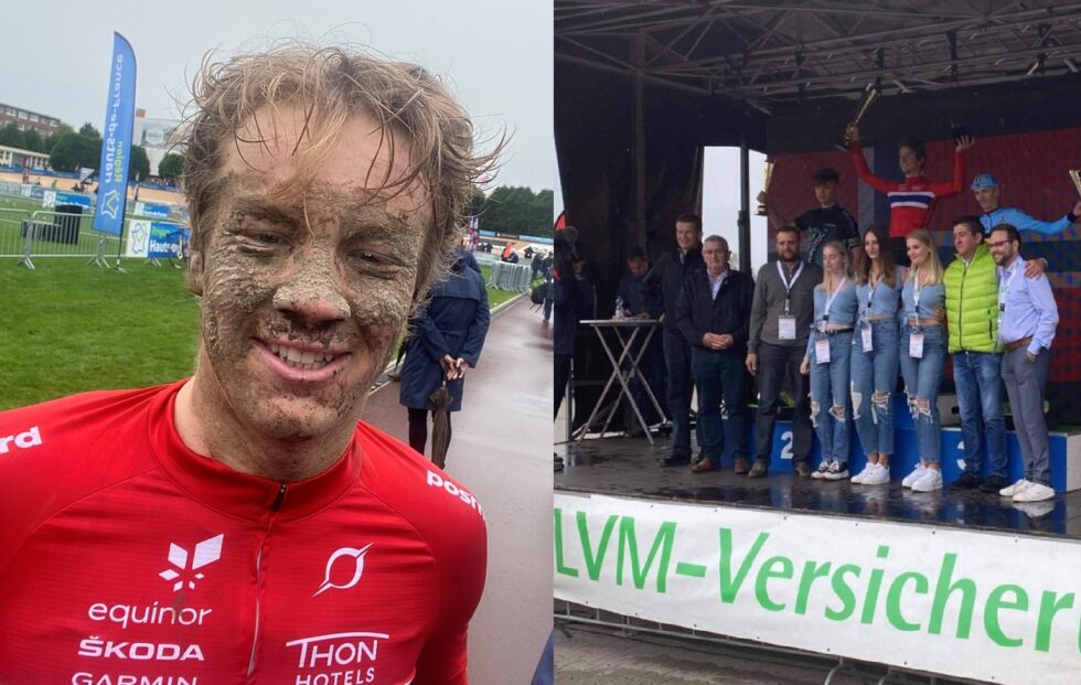 Stian Edvardsen-Fredheim (t.v.) var full av gjørme da han vant Paris-Roubaix, og i Tyskland gikk Trym Brennsæter til topps i Saarland Trofe.