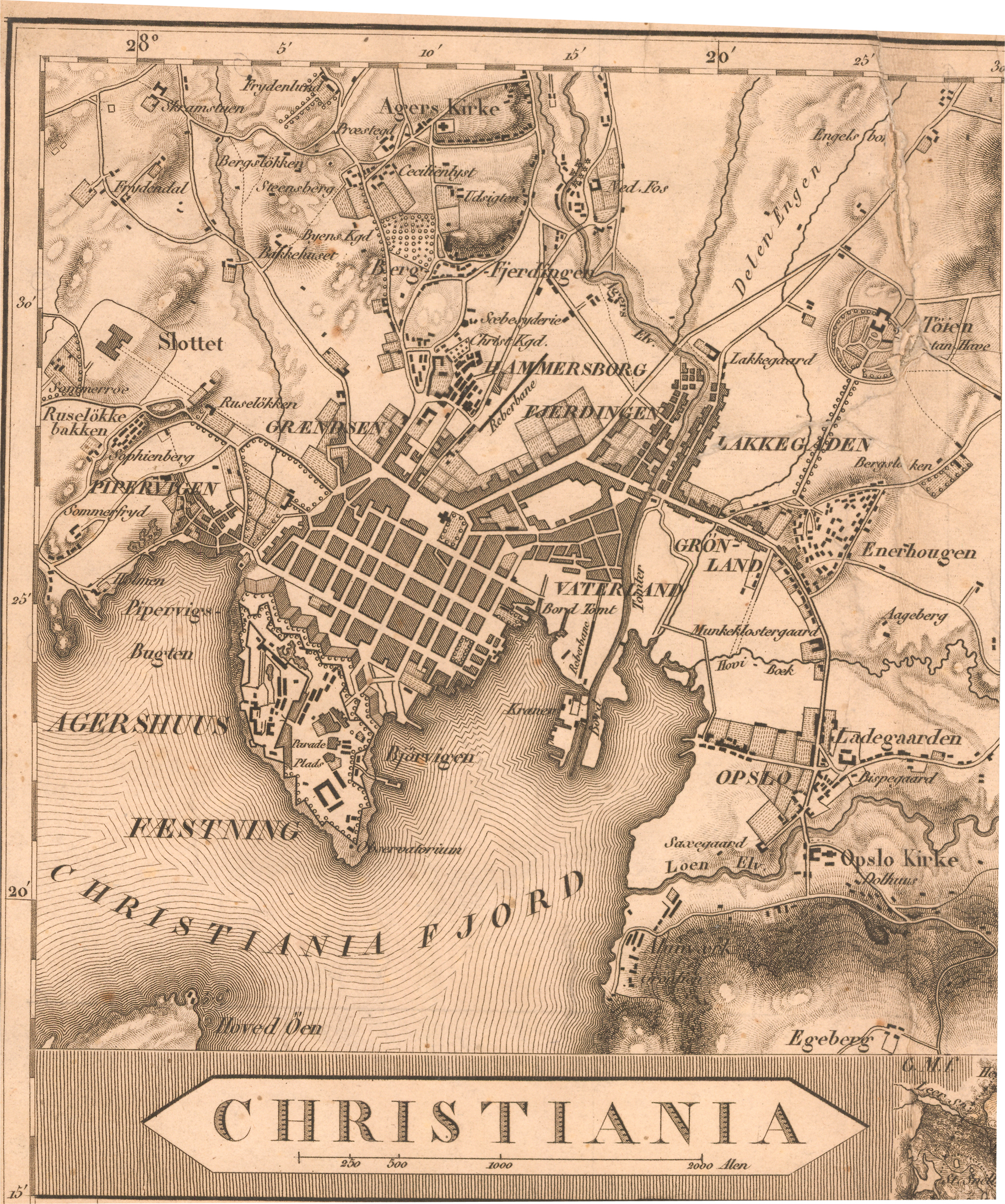 Kart over Kristiania fra 1827 viser områdene Young eide i sentrum og den vokstende bebyggelsen på Enerhaugen. Tegnet av Niels Arentz Ramm og Gerhard Munthe.