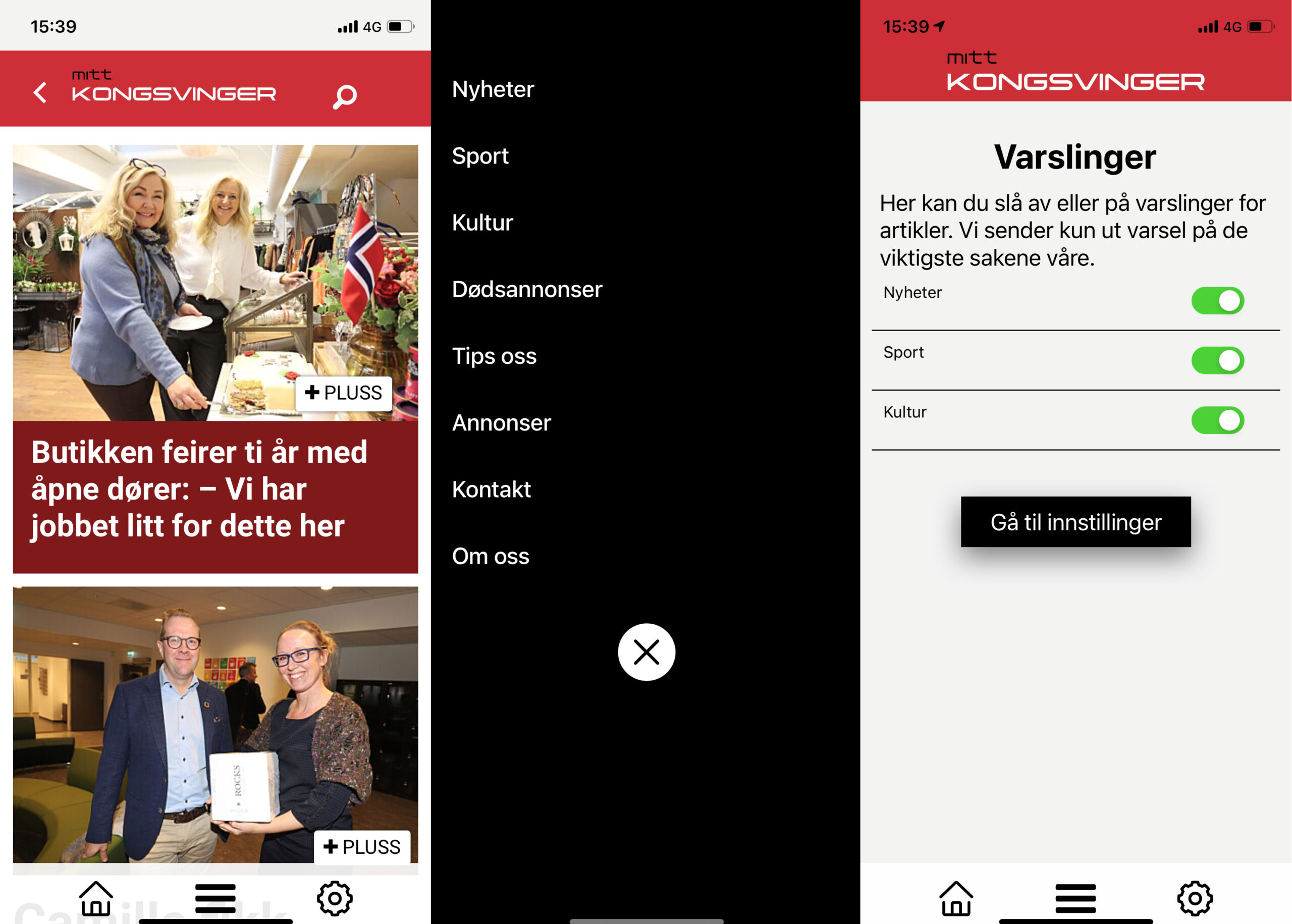 Bilde 1: Appens hjemmeside. Bilde 2: Meny. Bilde 3: Innstillinger.