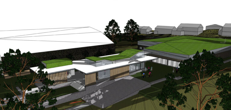 Slik tenker arkitektfirmaet Topos seg mulighetene av hvordan et nytt skytterhus kunne etableres ved tennishallen på Tråstad.