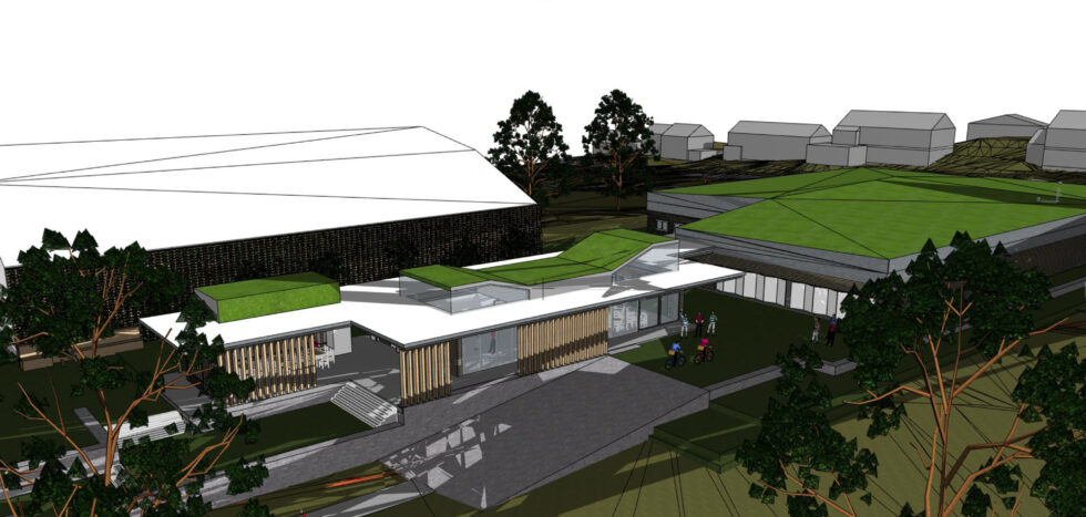 Slik tenker arkitektfirmaet Topos seg mulighetene av hvordan et nytt skytterhus kunne etableres ved tennishallen på Tråstad.