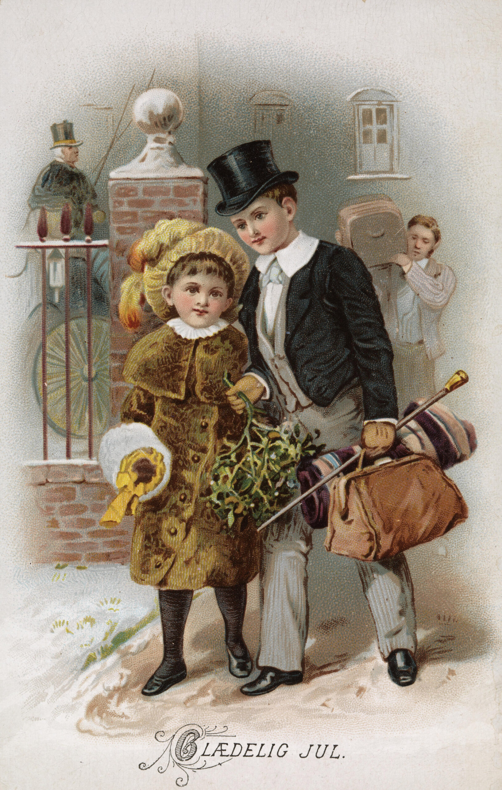 Julekort fra 1800-tallet som viser barn fra overklassen pyntet til julefest.