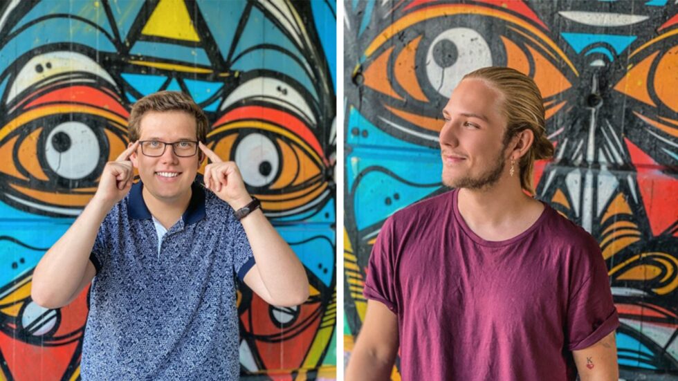Pål-Einar Myran (t.v.) fra Kongsvinger har i lag med Kristian Sætre solgt parfyme for en halv million krone allerede. Nå vil de nå ut til resten av verden.