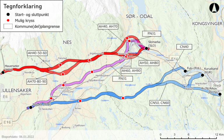 Kartet viser de aktuelle korridorene for ny E16 fra Kløfta til Kongsvinger.