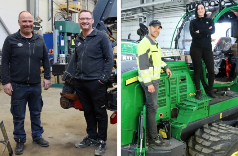 Tom Sundby (t.v.) og Cato Rudberg i Ponsse, samt Carl Axel Løvenskiold og Rebecka Philipsen har fremdeles gode salgsdager på Kongsvinger. Bildene ble tatt i 2021.