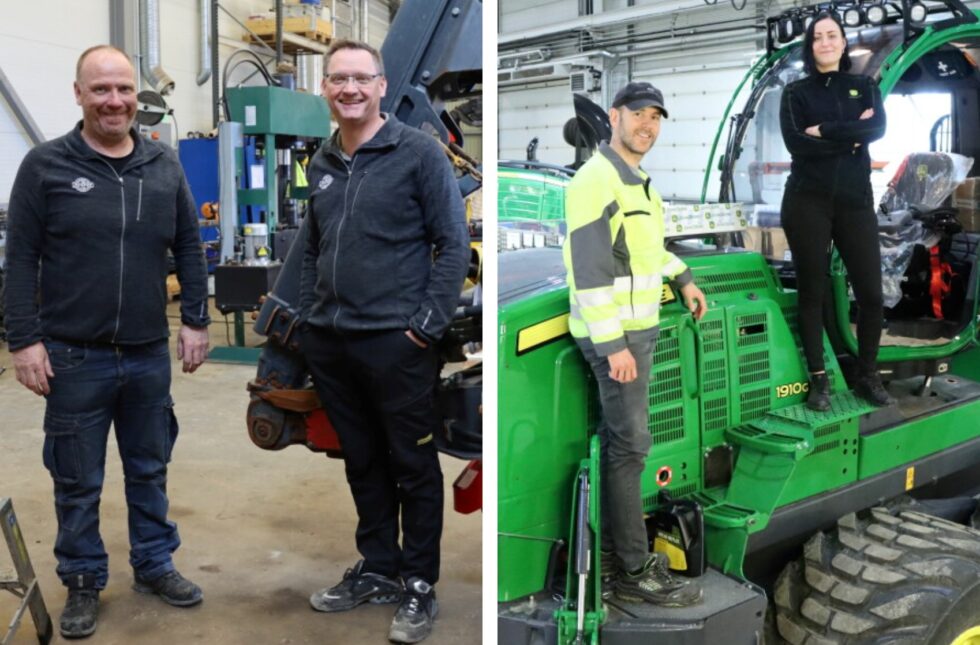 Tom Sundby (t.v.) og Cato Rudberg i Ponsse, samt Carl Axel Løvenskiold og Rebecka Philipsen har fremdeles gode salgsdager på Kongsvinger. Bildene ble tatt i 2021.