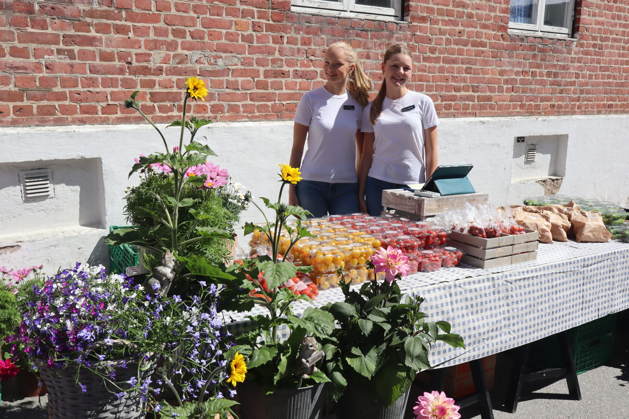 Fra Skarstad Gartneri hadde Mille-Marie Skarstad og Leona Olstad Grinden tatt med seg ferske grønnsaker og blomster som de solgte.