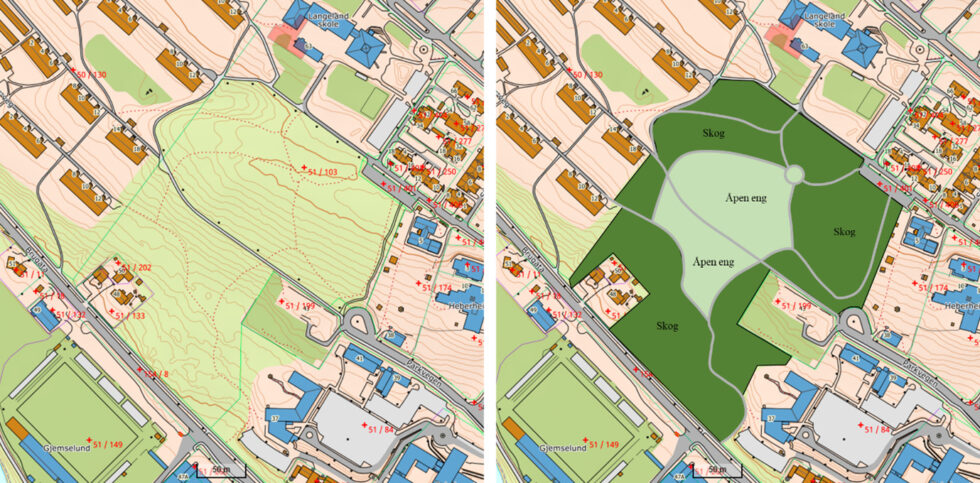 Før og etter? Til venstre: slik skogen ser ut i dag. Til høyre: Forslag til hvordan en park i Sykehusskogen kan se ut. Sykehusskogen er omtrent 57 mål stor. Ved å bruke eksisterende stier som nye gangveier åpner det seg to naturlige felt til å bruke som eng, som vil utgjøre ca. 15 mål.