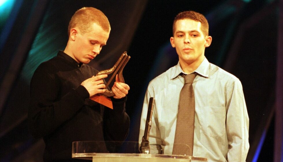 Espen Enger (t.v.) og Marius Våreid under utdelingen av Spellemannsprisen i 1998.