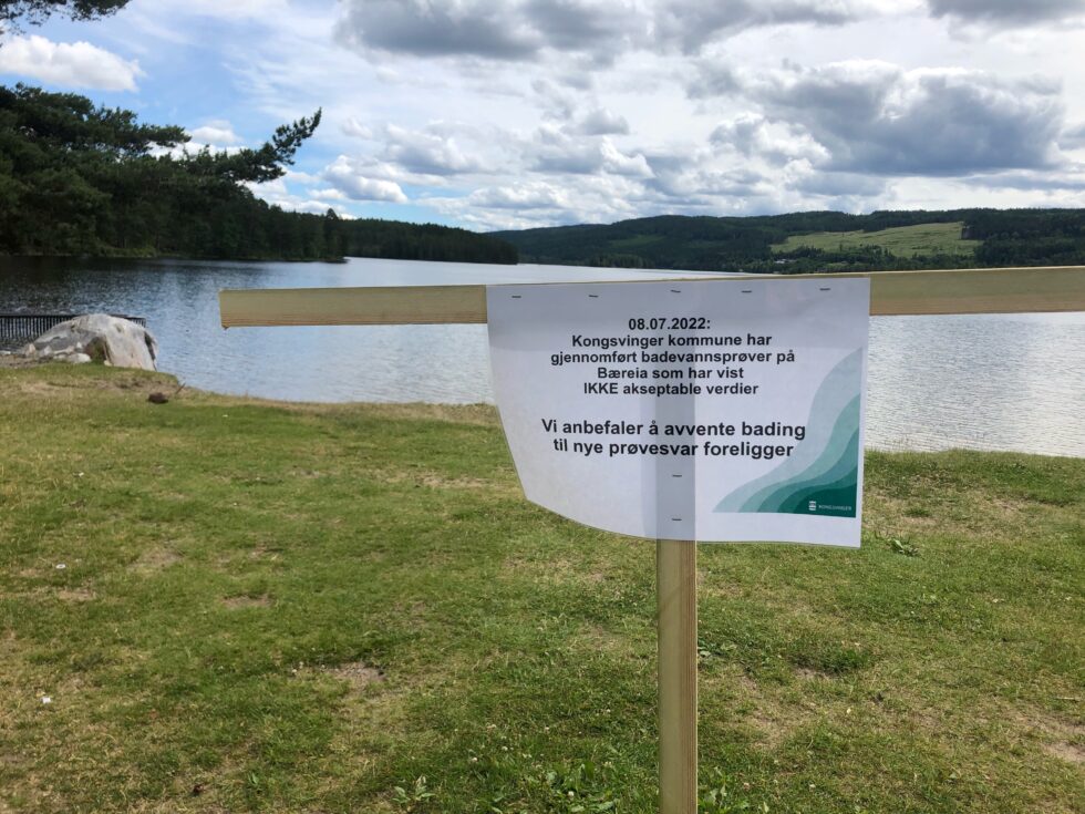 Kongsvinger kommune med tre skilt fordelt utover Bæreia-stranda fredag.