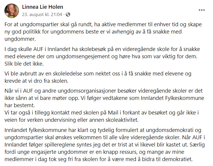Dette skrev AUF-leder i Innlandet på egen Facebook-profil for to uker siden.