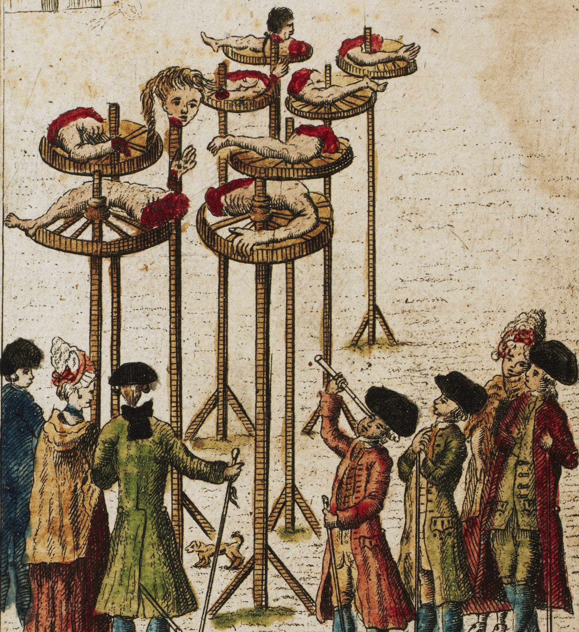 Slik ble grevene Struensee og Brandt henrettet med «Hjul og Steiler» av kong Christian VII i 1772. Bildet tilhører Det Kongelige Bibliotek i Danmark. Hentet fra Wikipedia.