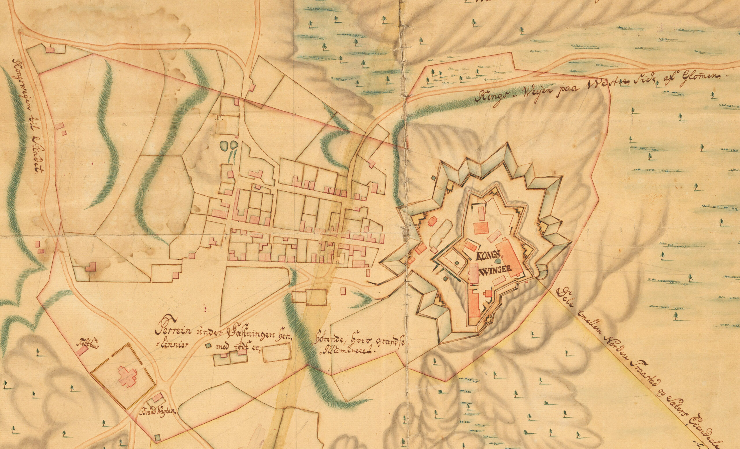 Dette kartet fra 1757 viser Leiren slik den så ut på Matheson sin tid. Til venstre ligger Torvgaten, det som i dag heter Øvre Langelandsvei. I Løkkegaten er det kun en håndfull hus på sørsiden, men de to fiskedammene Matheson eide i 1720 er tegnet inn. Matheson-gården strekker seg mellom Storgata og Georg Stangs gate.