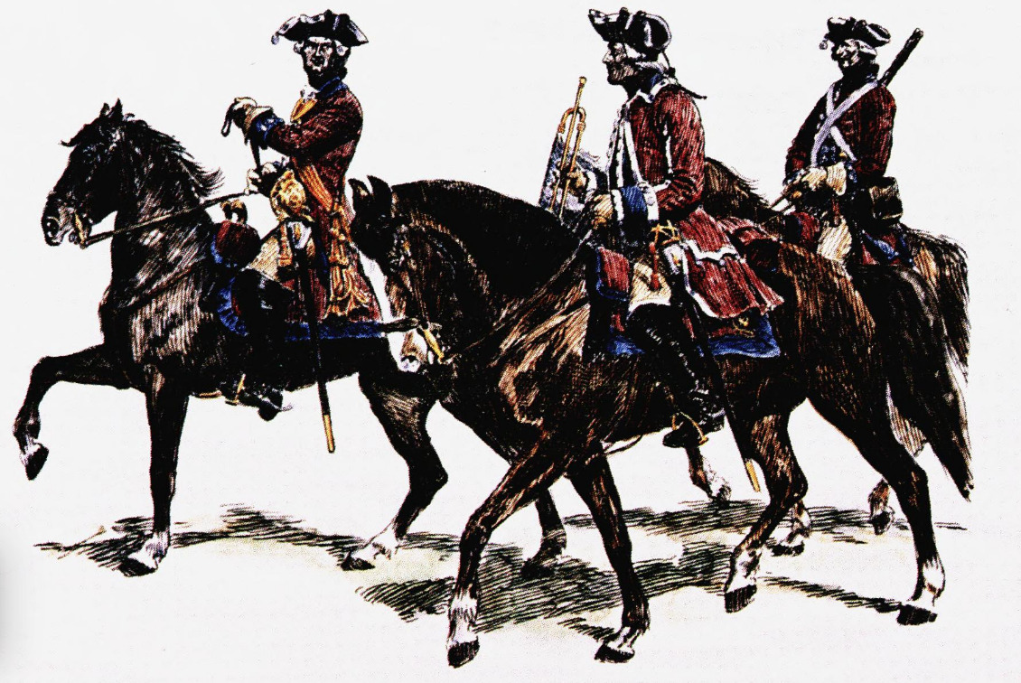 Det finnes ikke et bilde av Jacob Matheson. Vi vet at hæren ble omorganisert i 1717 og fikk da røde uniformer. Denne tegningen av Andreas Schelven Schroeter Bloch viser Dragoner anno 1750.