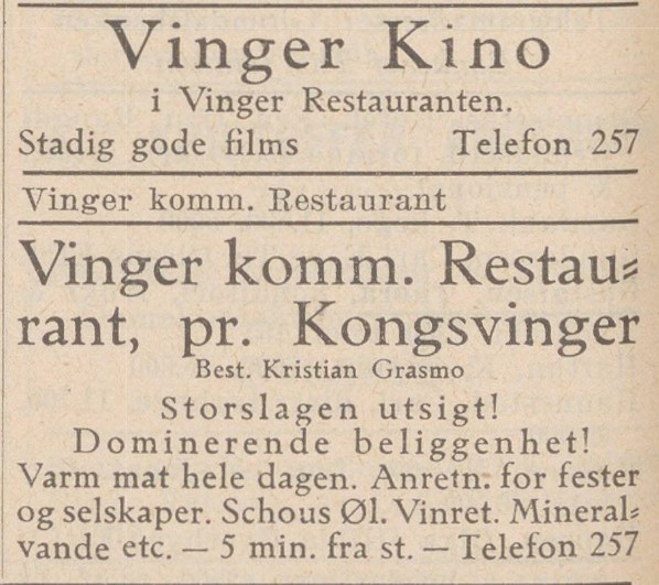 Annonse for Vinger restaurant i Norges handelskalender 1930/1931
