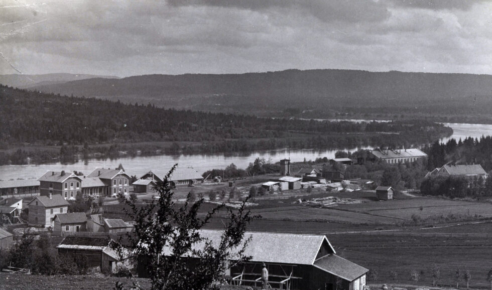 Postkort tatt av Axel Lindahl på 1880-tallet som viser Kongsvinger sett fra vest. Julie Grüner bodde sannsynligvis i ett av husene enten til høyre eller venstre for jernbanestasjonen, og vi ser hotellet fra Glommengaten