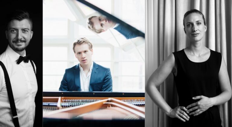 De tre pianistene Stefan Ibsen Zlatanos, Lars Fredrik Nystad og Berit Billingsø opptrer i Vinger kirke med konserten Tramp i klaveret.