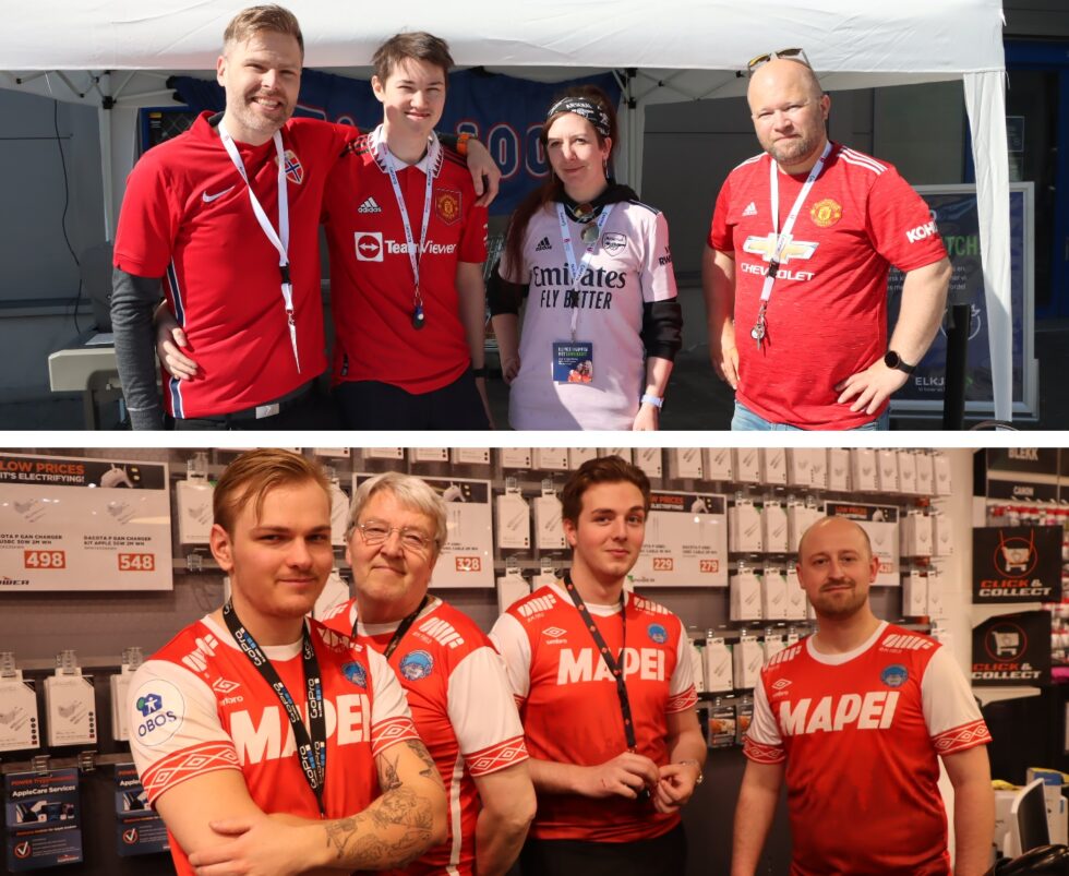 Både Elkjøp og Power ville være med på året fotballtrøyedag. Elkjøp øverst: Glenn Brigsted (t.v.), Markus Ivar Johannessen, Sanna Olsson og Roar Velten. Power nederst: Thorin Aas (t.v.), Finn Hegglund, Andreas Eriksen, Stian Uggerud.