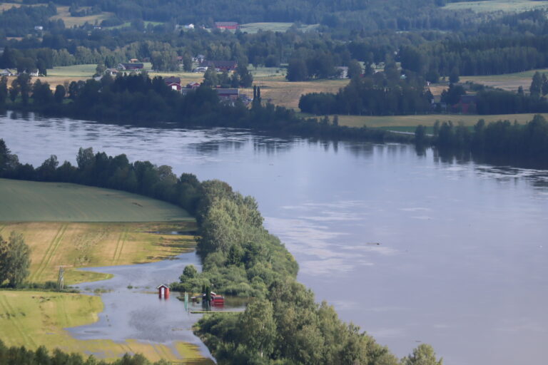 Fra festningen retning mot Roverud kan man se at Glomma har breddet seg utover jordene på vestsiden.
