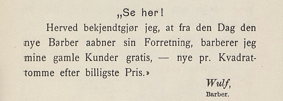 Utdrag fra Theaterkatten nr 6-1900. En lengre artikkel forteller om Kongsvingers barberer, dårlig skjult som «Wulf».