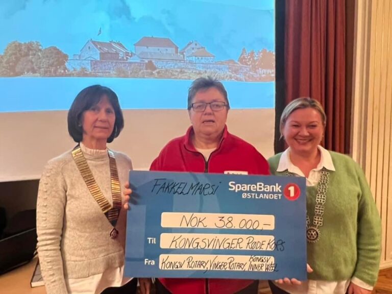 Samarbeidet ga en fin sum til Kongsvinger rødekors. F.v. President Kongsvinger Inner Wheel Aud Kari Joramo Holt, Anita Kapstad fra Røde Kors og President Kongsvinger Rotaryklubb Anne Haug. Vinger Rotaryklubb var ikke til stede under overrekkelsen.