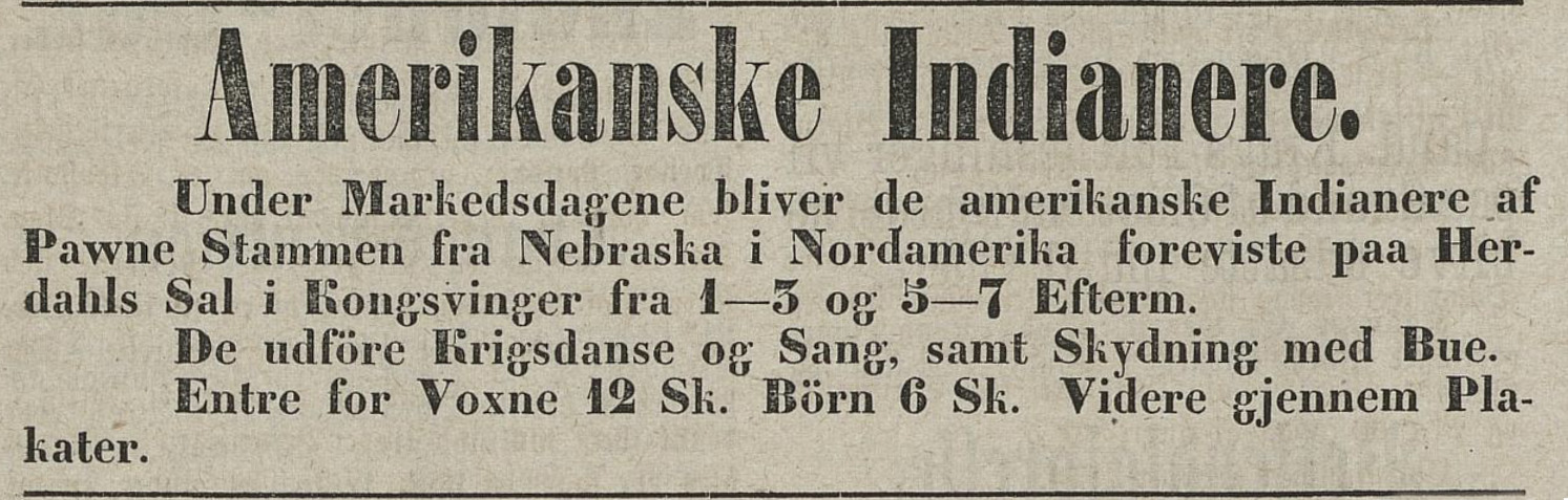 Annonse fra Hedemarkens Amtstidende for oppvisning av Pawnee-indianere fra Nebraska i Herdahlsalen under markens-søndagen.
