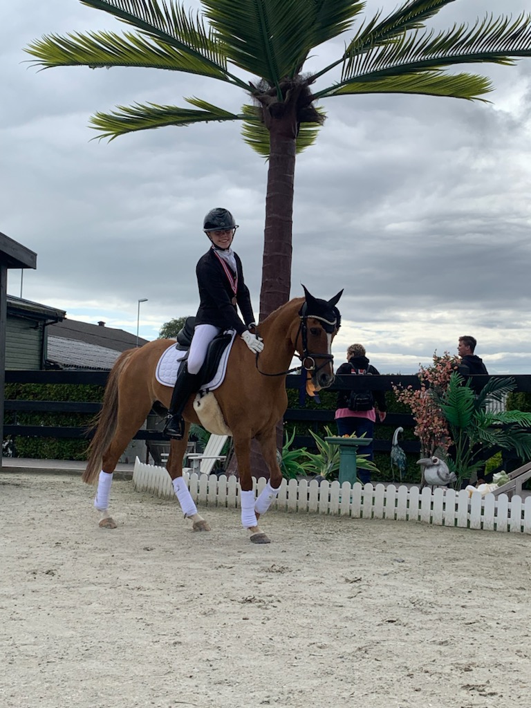 Cappucino er en &aring;tte &aring;r gammel dansk sportsponni som Nora har hatt i cirka ett og et halvt &aring;r. Hun var ogs&aring; den yngste hesten i startfeltet n&aring;r NM i dressur ble arrangert hos Sandnes og J&aelig;ren rideklubb.
