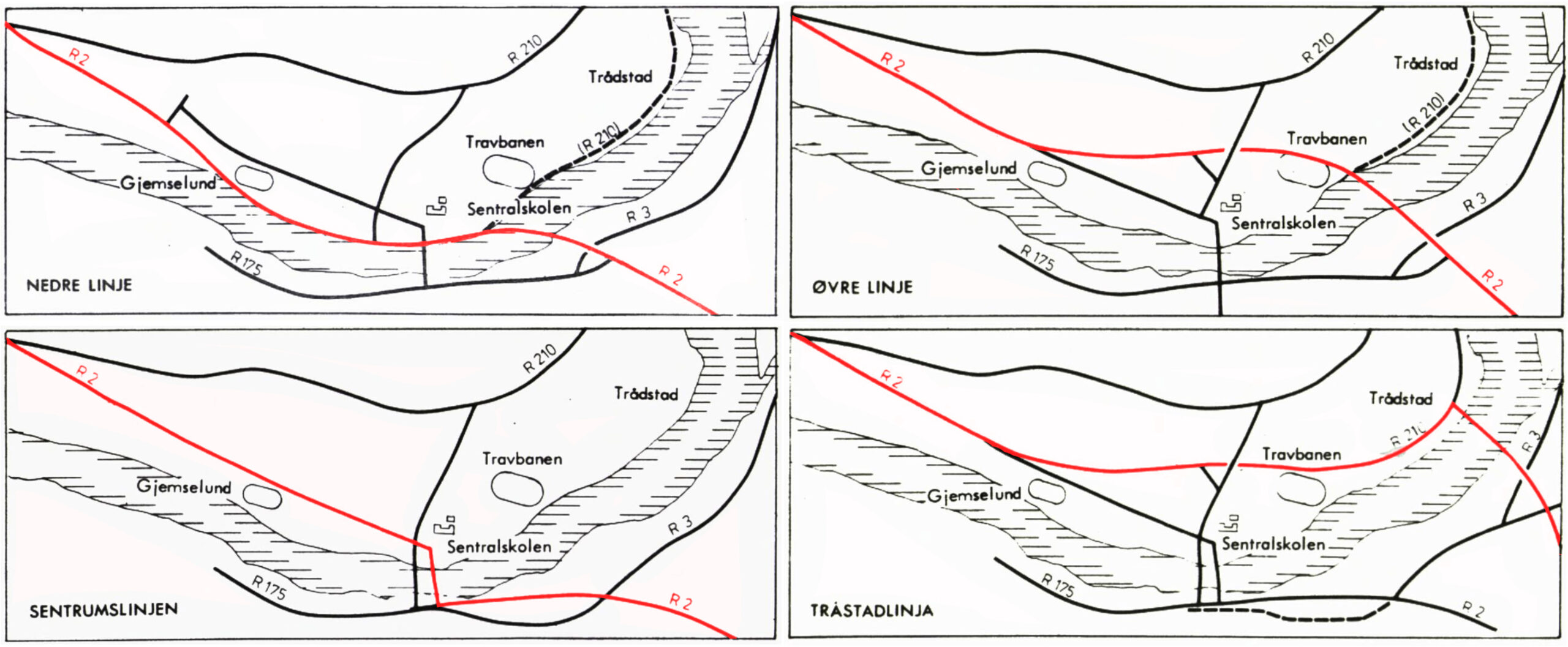 Dette er de fire forslagene til vei gjennom Kongsvinger som ble lansert i 1968.