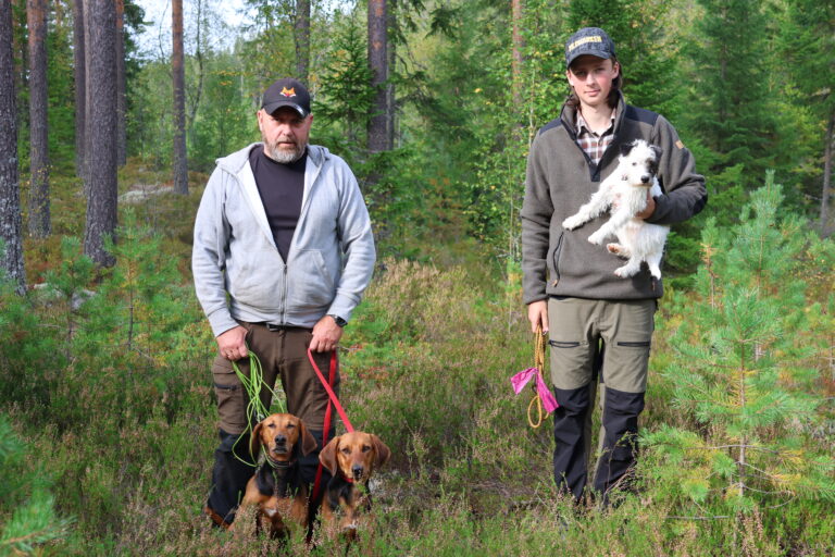 Jonas Høiby (f.v.) med støverne Trixie og Doris og Tor isak Høiby med Parson Russell terrieren Ester tilbringer mye tid ute i naturen.