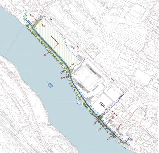Slik ser den prosjekterte flomløsningen ut. Det kan bli endringer. Vollen vil bli 850 meter og skal kunne motstå en 200-års flom.
